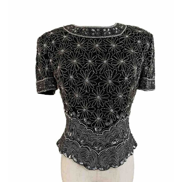 Papell Boutique Evening, Silk‎ Floral Beaded Black Blouse Size S Mint - Picture 1 of 10